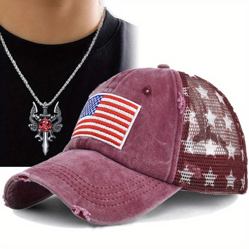 2Pcs Men Women Sports Baseball Cap Necklace Set Couple Cross Pendant Necklace Embroidery Duck Tongue Mesh Cap Fashion Casual Sun Protection Shade Cap