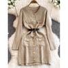 Autumn Winter Women Elegant Single Breasted Pocket Knitted Sweater Office Party Mini Short Slim Bodycon Sheath Dresses with Belt