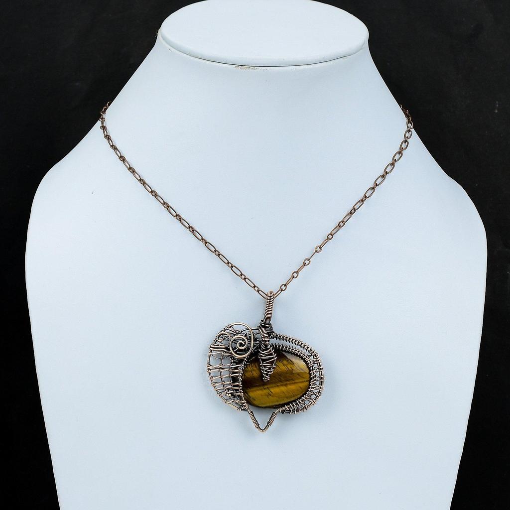 Подвеска из тигрового глаза в медной оправе, обмотанная проволокой, подвеска из натурального драгоценного камня, ювелирное изделие ручной работы, элегантная подвеска, подарок для него, красивые ювелирные изделия из медной проволоки