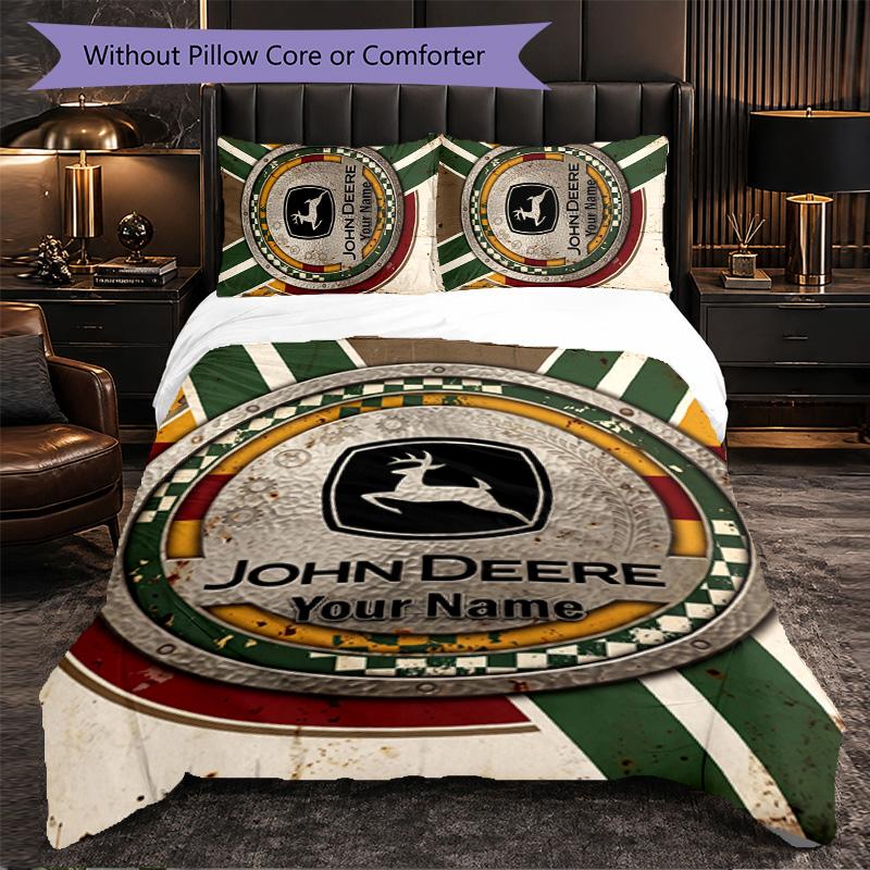 John Deere Customized Name Text Bedding Set, 1 Duvet Cover & 2 Pillowcases Personalized Bedroom Gift
