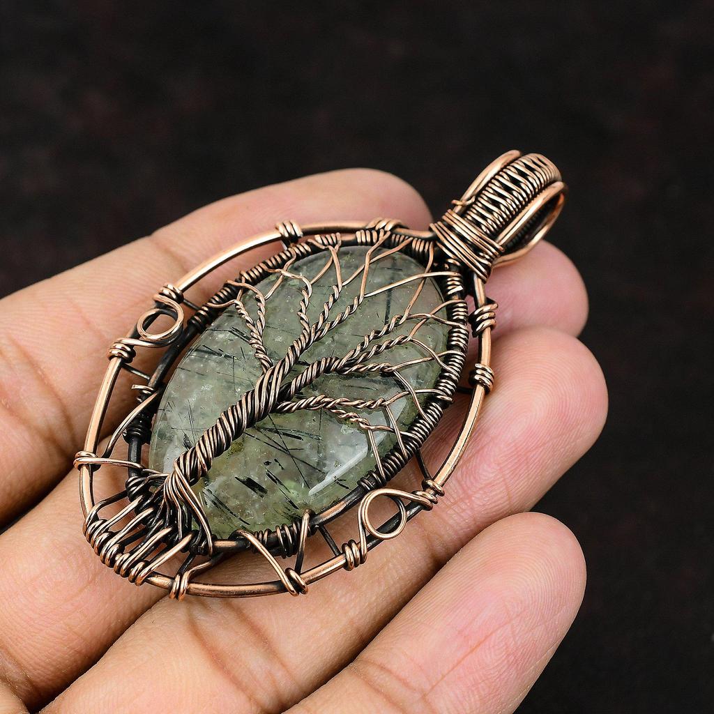 Tree Of Life Moss Prehnite Pendant Gemstone Copper Wire Wrapped Pendant Handmade Designer Jewelry Unique Moss Prehnite Pendant Gift For Love