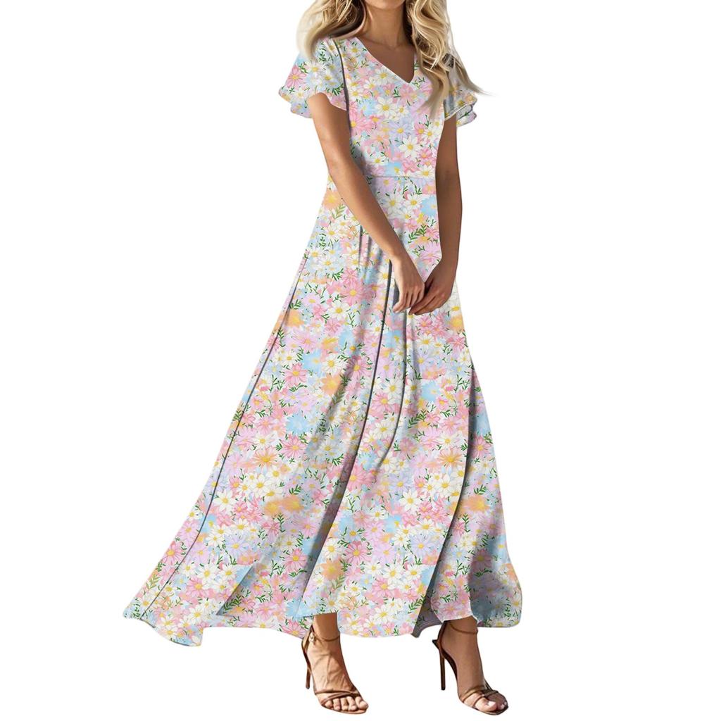 Женское платье макси в стиле бохо, женское летнее платье с коротким рукавом, весеннее повседневное платье А-силуэта с V-образным вырезом, летний пляжный сарафан для отдыха