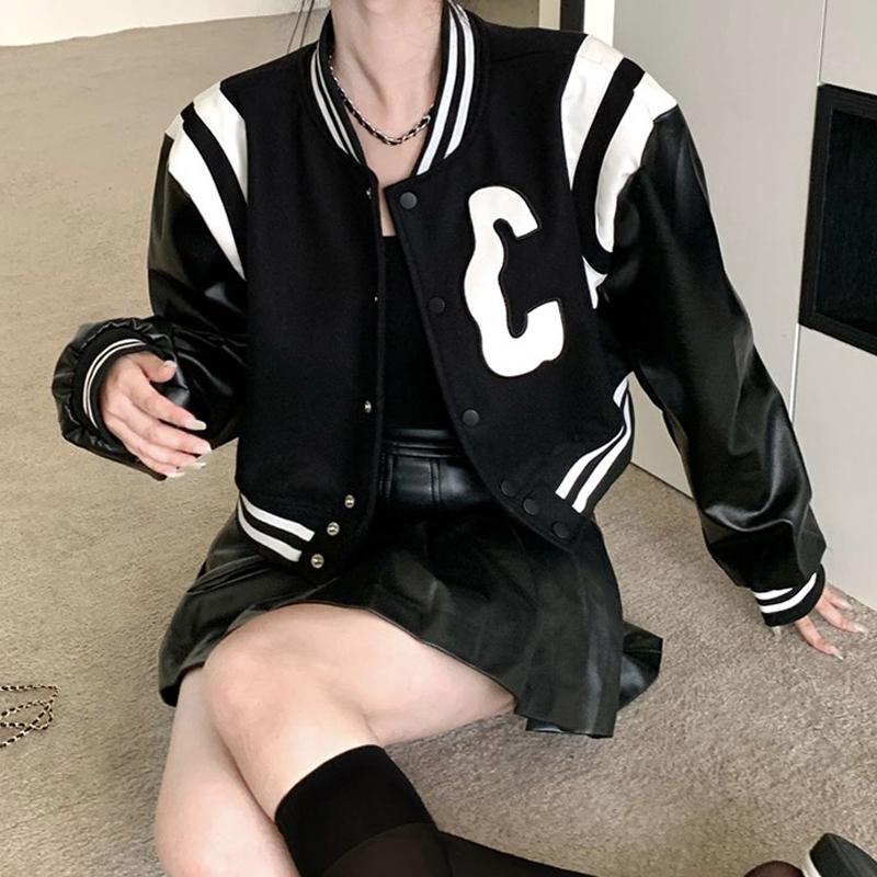 Jackets Women's Bomber Black Coats Leather Baseball Short Coat Y2k Jacket Woman Goth Clothing Streetwear