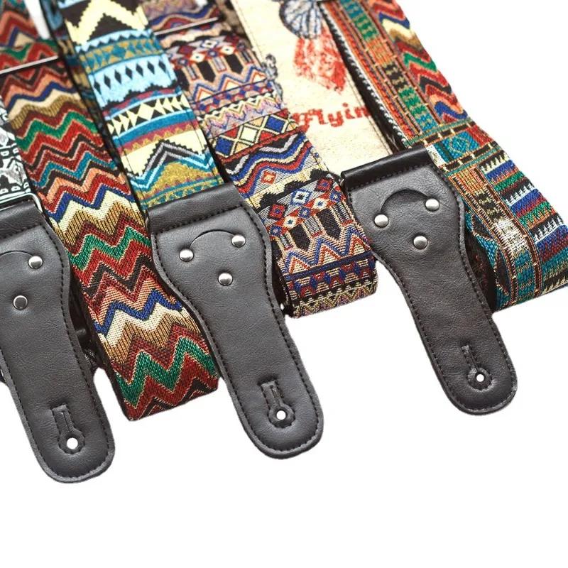 New Vintage Adjustable Boho Style Embroidered Leather Guitar Strap for Ukulele Electric Acoustic Guitar Bass Guitar Accessories