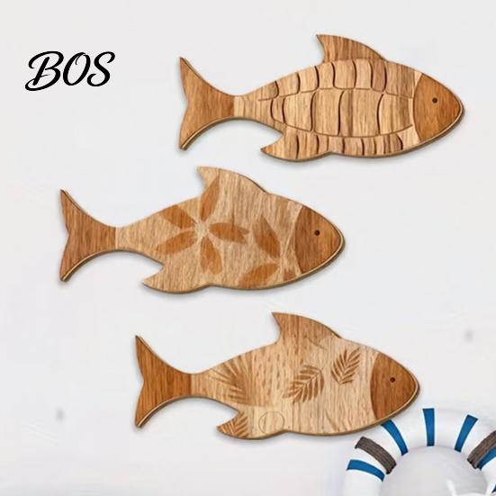 Rustic Ocean Decor 3Pcs/Set Bathroom Fish Wall Decoration, Wooden Art Decoration Sculpture, Nautical Hanging Ornament for Beach Lake House Sea Theme
