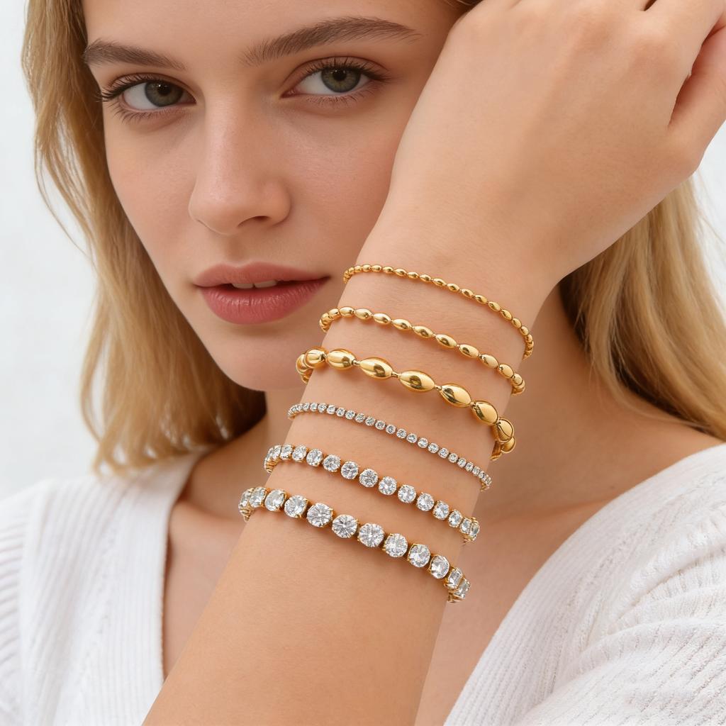 Classic AAA Zircon Tennis Bracelet for Women, Stainless Steel Oval Beads Chain Bracelets, Waterproof Fashion Jewelry Daily Party