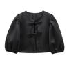 Kaslead New Arrival Women's Fashion Style Fashion Satin Puff Sleeves Bows Short Top