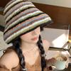 Полосатая вязаная шапка-ведро женская летняя универсальная большая окружность головы, показывающая лицо, маленькая шнурованная шапка-ведро шерстяная шапка