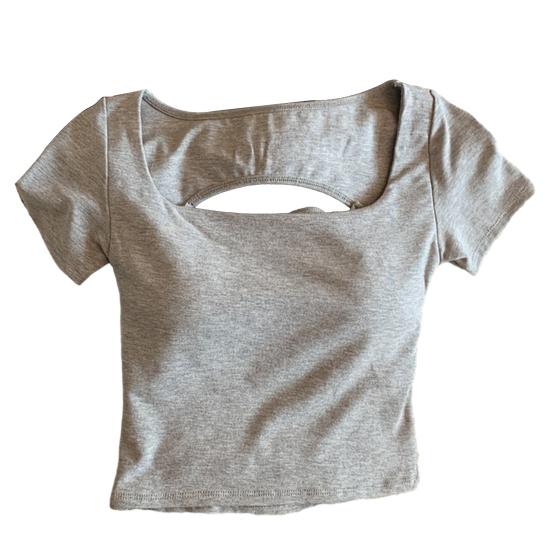 Женская футболка с квадратным воротником и коротким рукавом, с вырезом на спине, однотонная облегающая укороченная футболка, повседневная одежда