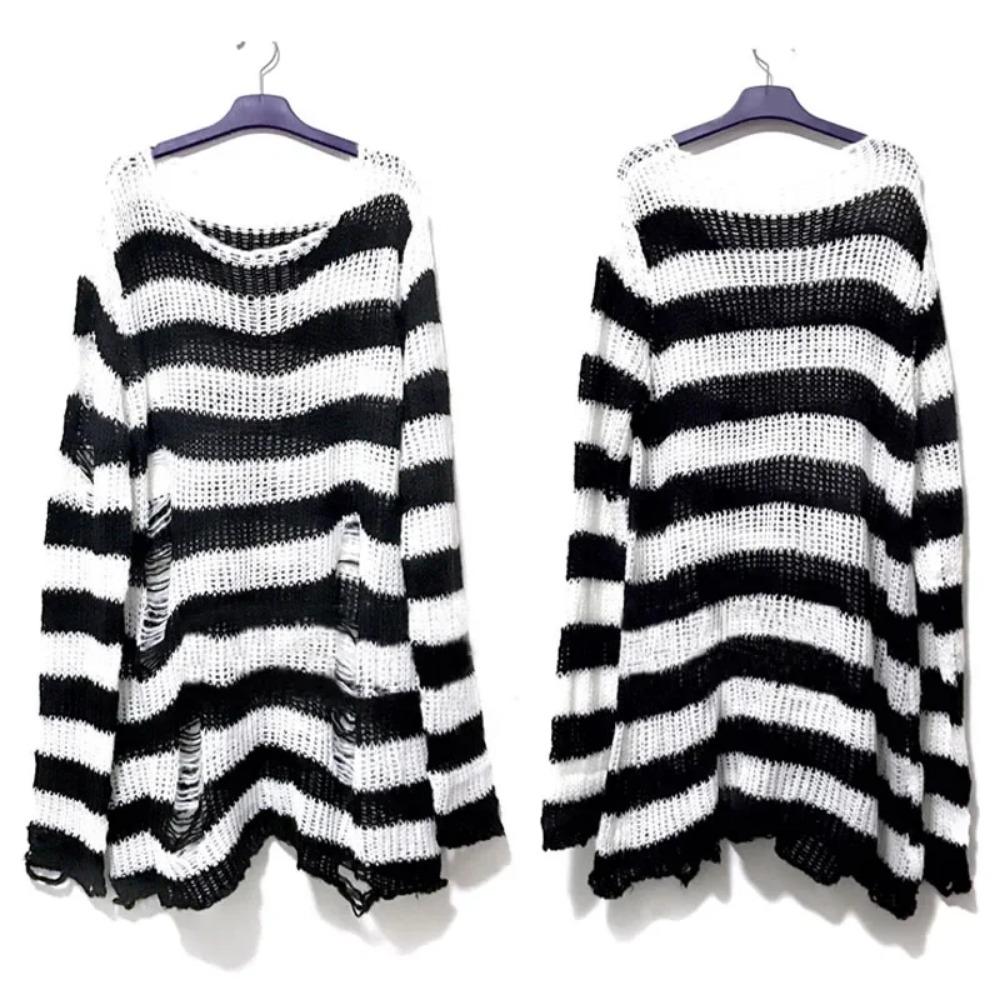 New Goth Punk Gothic Sweater Oversized Pullovers Women Striped Cool Hollow Out Hole Broken Jumper Harajuku Aesthetics Sweater