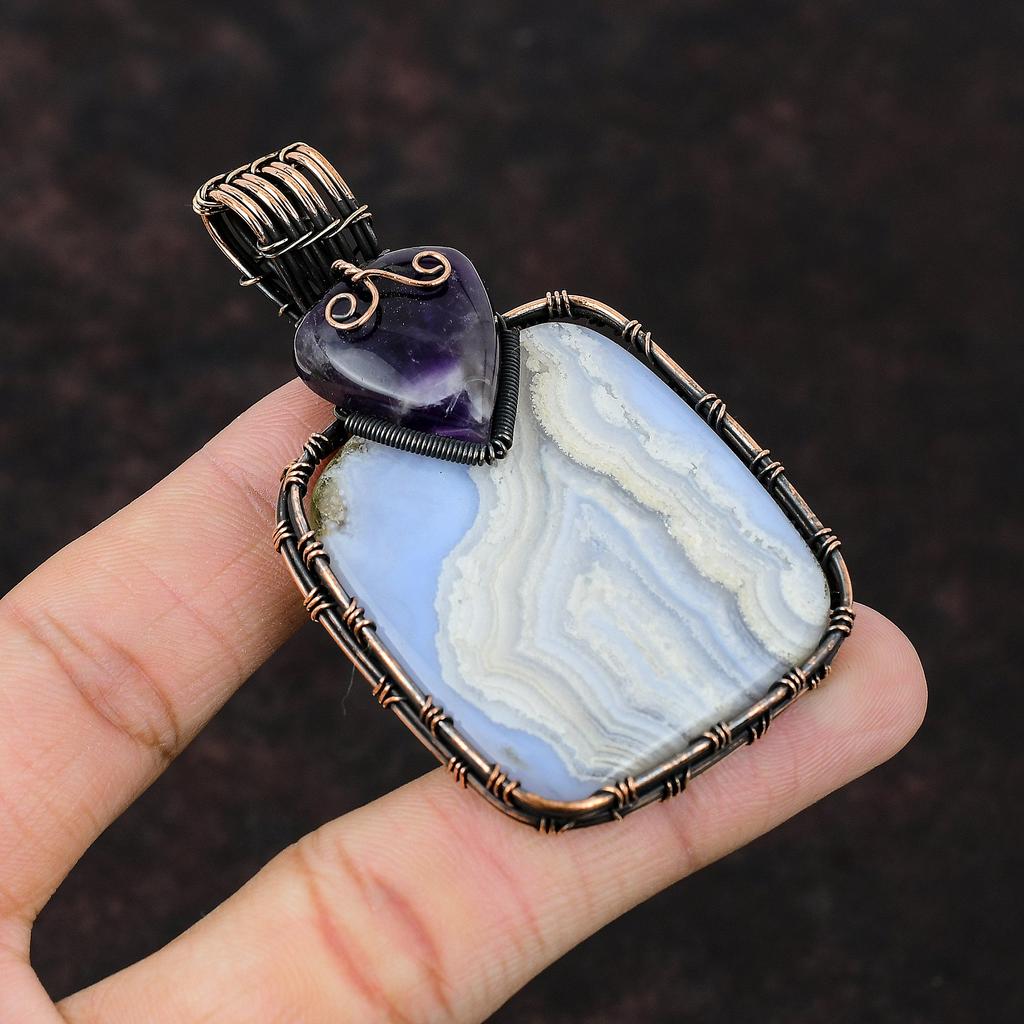 Подвеска из голубого кружевного агата, подвеска из медной проволоки, подвеска с шевронным аметистом, подарок для женщин и ее драгоценных камней, ювелирные изделия из меди ручной работы