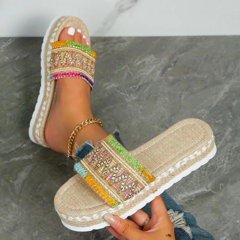 2024 Летние женские тапочки, уличные сандалии, богемный этнический стиль, эспадрильи ручной работы, тапочки на платформе, шлепанцы, женская обувь