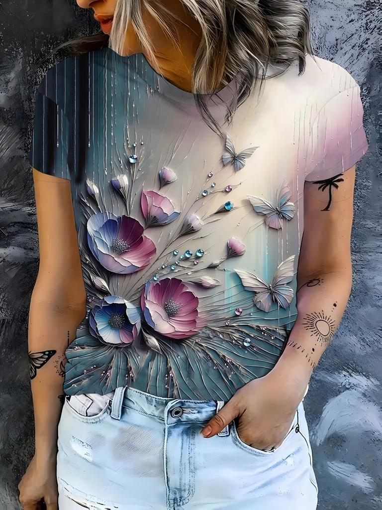 Женская футболка Летняя Повседневная Круглый вырез Короткий рукав 3D принт Цветочный узор Топ Свободная Повседневная одежда Женская футболка