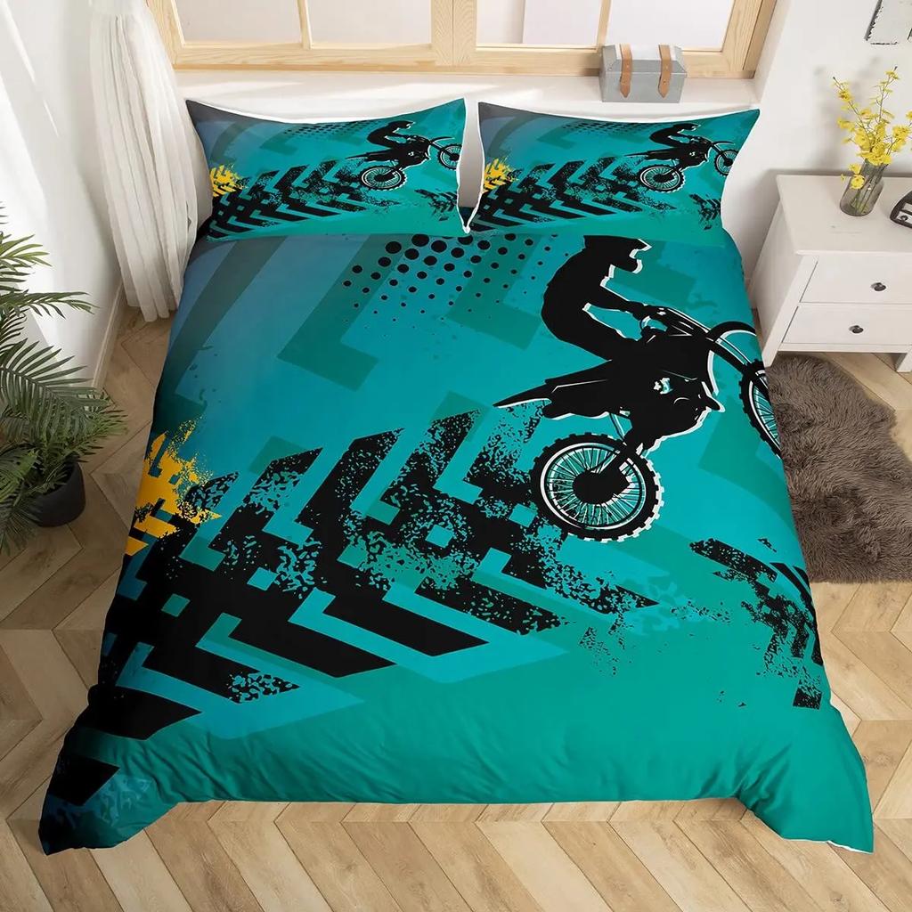 3pcs Cool Motorbike Bedding Set Dirt Bike Duvet Cover Twin Motocross Rider Comforter Cover Extreme Sports For Boys Adults