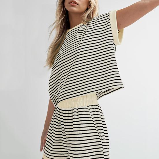 Женский комплект из 2 предметов для отдыха, полосатая рубашка с коротким рукавом и шорты, летний повседневный ребристый спортивный костюм, подходящий комплект