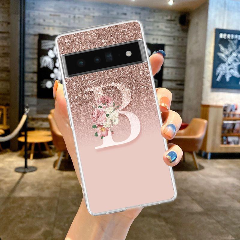 Чехол для телефона Google Pixel 9 8 7 Pro 8A 7A 6A 6 Pro XL 5 4 5A 4A 3A 5G, прозрачный, с розовой блестящей буквой M, из мягкого ТПУ
