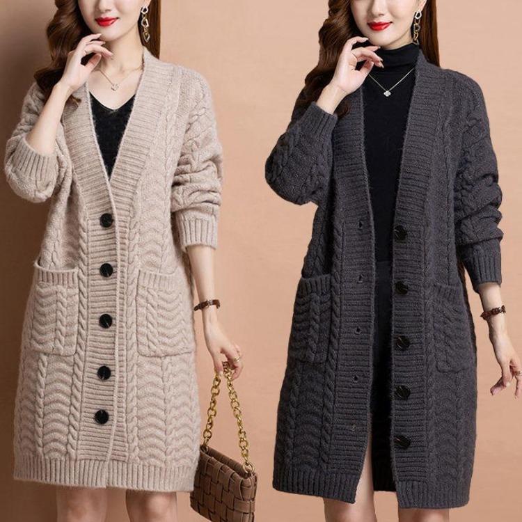 Women Loose Large Size Mid Length Sweater Cardigan Autumn Winter Knitwear Jacket Outer Wear