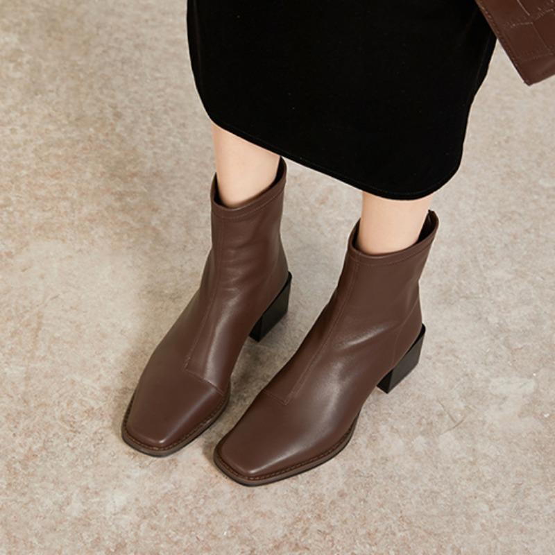 Весна/осень, современные ботинки до середины икры, квадратный каблук, женская обувь на среднем каблуке, распродажа 2024, новые однотонные лаконичные женские ботинки на молнии