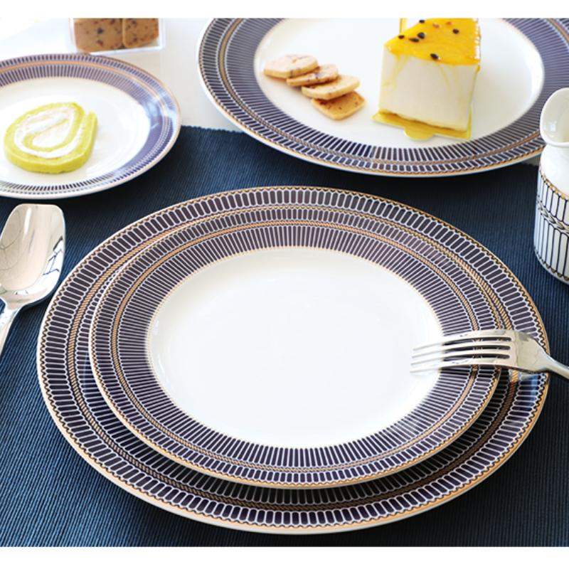 Fine Bone China Dinner Plates Sets, Light Luxury Tableware Stripe Pattern Gilt Edged Porcelain Dinnerware Round Set of 6