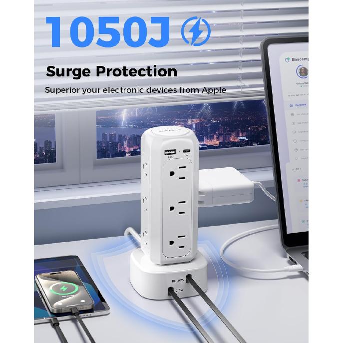[2025 Upgraded] Power Strip Tower with Retractable Charging Cable, SUPERONE Surge Protector Tower with PD20W USB C and 12 AC Outlets, Flat Plug 6 FT