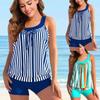 Women's Casual Popular Summer Beach Bikini Blue White Striped Patterned Swimsuit Tankini Set Swimsuit S-6XL