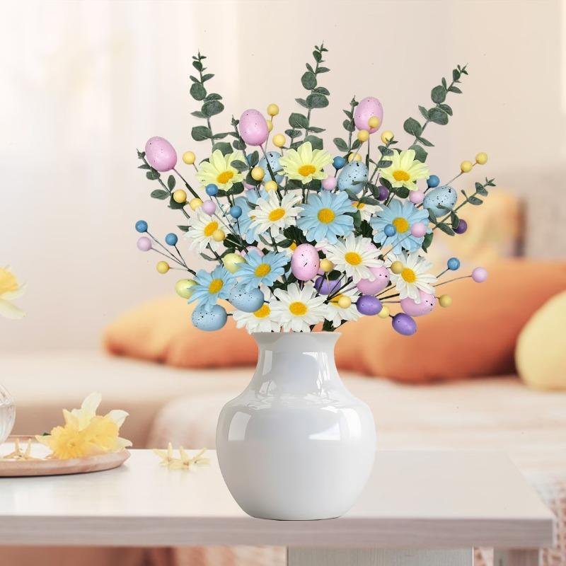 1-10PCS Easter Egg Floral Stems Artificial Daisy Eucalyptus and Berry Sprigs for Vase Centerpiece and Spring Home Decor