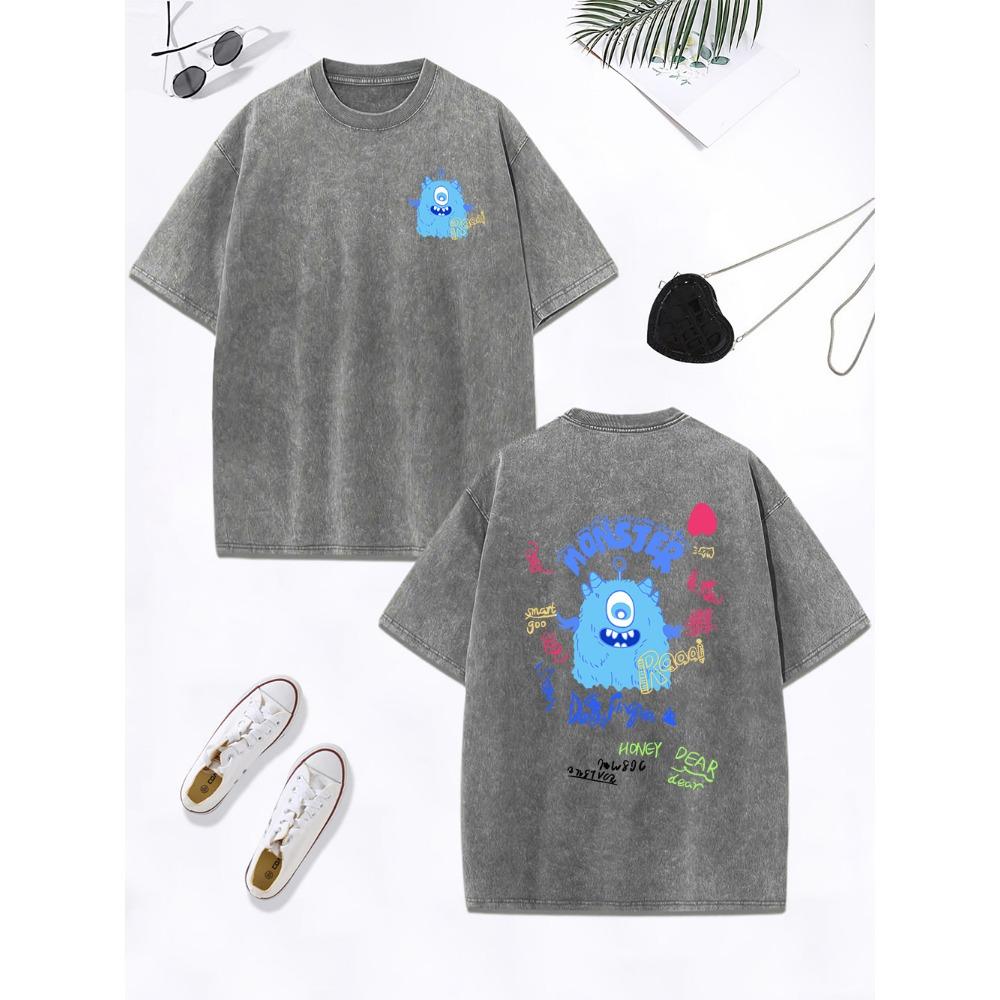 Cute Blue Plush Little Monster Cotton Washed T-Shirt Women Oversize Tops O-Neck Comfortable Distressed T Shirts Clothes