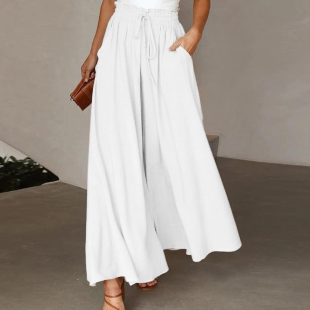 Women's Solid Color Trousers Elastic Belt Wide Leg High Waist Long Culottes