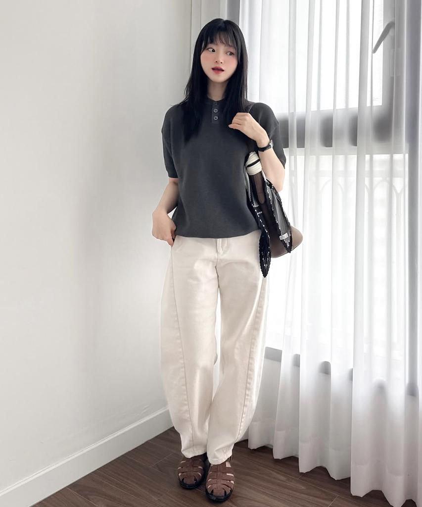KNITTED Coolever Henley Neck Short Sleeve Knit Charcoal