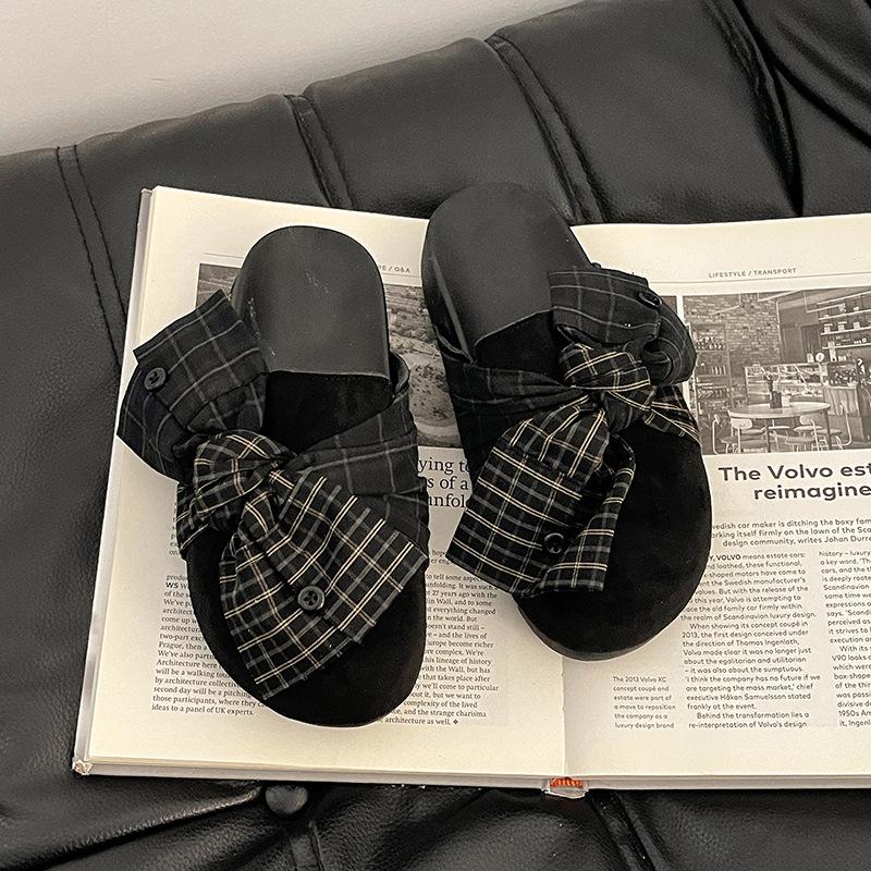 Ретро дизайн джинсовые клетчатые баотоу полушлепанцы с бантом женские 2025 лето новые милые ленивые сандалии