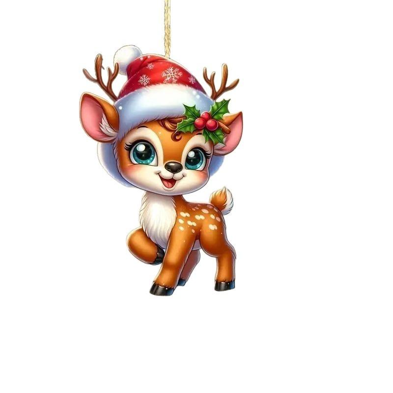 Acrylic Christmas Car Ornament With Deer Tree Motif Rearview Decoration Mirror