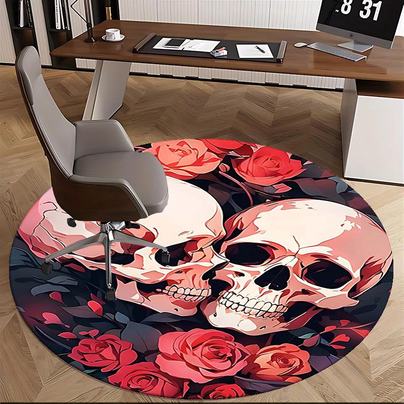 1pc Skulls & Roses Round Carpet Anime Design Office Chair Mat, Non Slip Rug for Home Decor, Gift, Office, Living Room, Bedroom