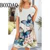 Flower Floral 3D Print Dress Women O-Neck Short Sleeve A-Line Dresses Streetwear Fashion Casual Bufferfly Pattern Loose Clothing