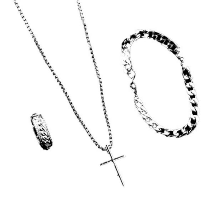 Cross Jewelry Chain Ring Bracelet Necklace 3 Sets