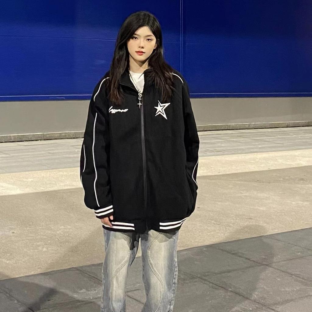 Korean Vintage Star Graphic Print Sweatshirts Women Harajuku Streetwear Zip Up Hoodies Y2k Grunge Casual Tops Female