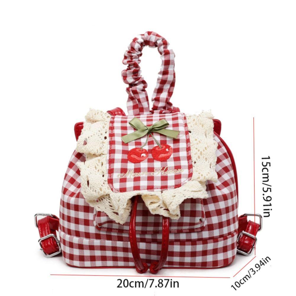 Canvas Lace Plaid Backpack Korean Style Bow Shoulder Bag Multi Functional Cherry Backpack  College