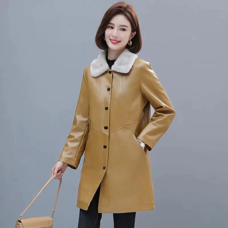 Haining Autumn and Winter Plus Cotton Winter Thick Leather Jacket PU Western Style Mid-length Loose Women's Windbreaker