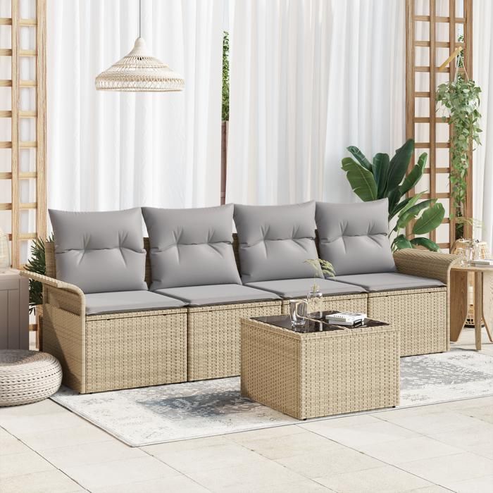 Ensemble de canapés de jardin 5 pièces avec coussins beige en poly rattan, Canapé de jardin 2 places avec rangement 3353899