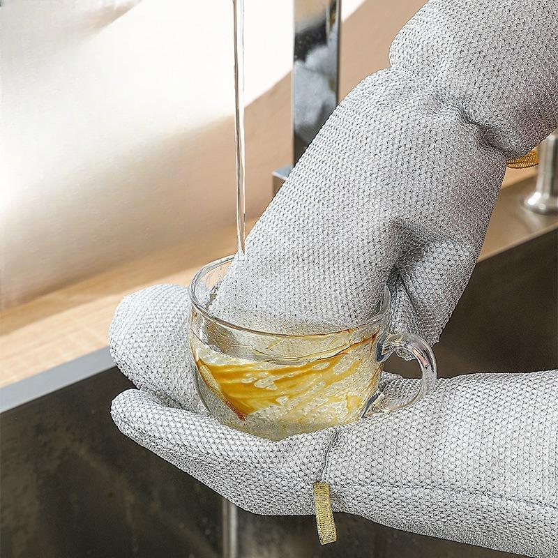 Extended Silver Wire Dishwashing Gloves, Kitchen Pot and Dish Washing Gloves, Oil-free Household Cleaning Steel Wire Gloves