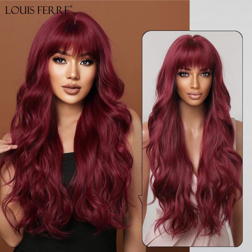 LOUIS FERRE Длинные волнистые черные синтетические парики для женщин, натуральные накладные волосы с челкой, термостойкие парики для повседневного использования, косплей