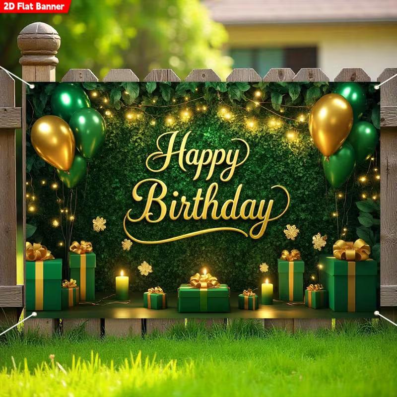 2D Greenery Gold Birthday Backdrop Elegant Green Wall Background for Birthday Party