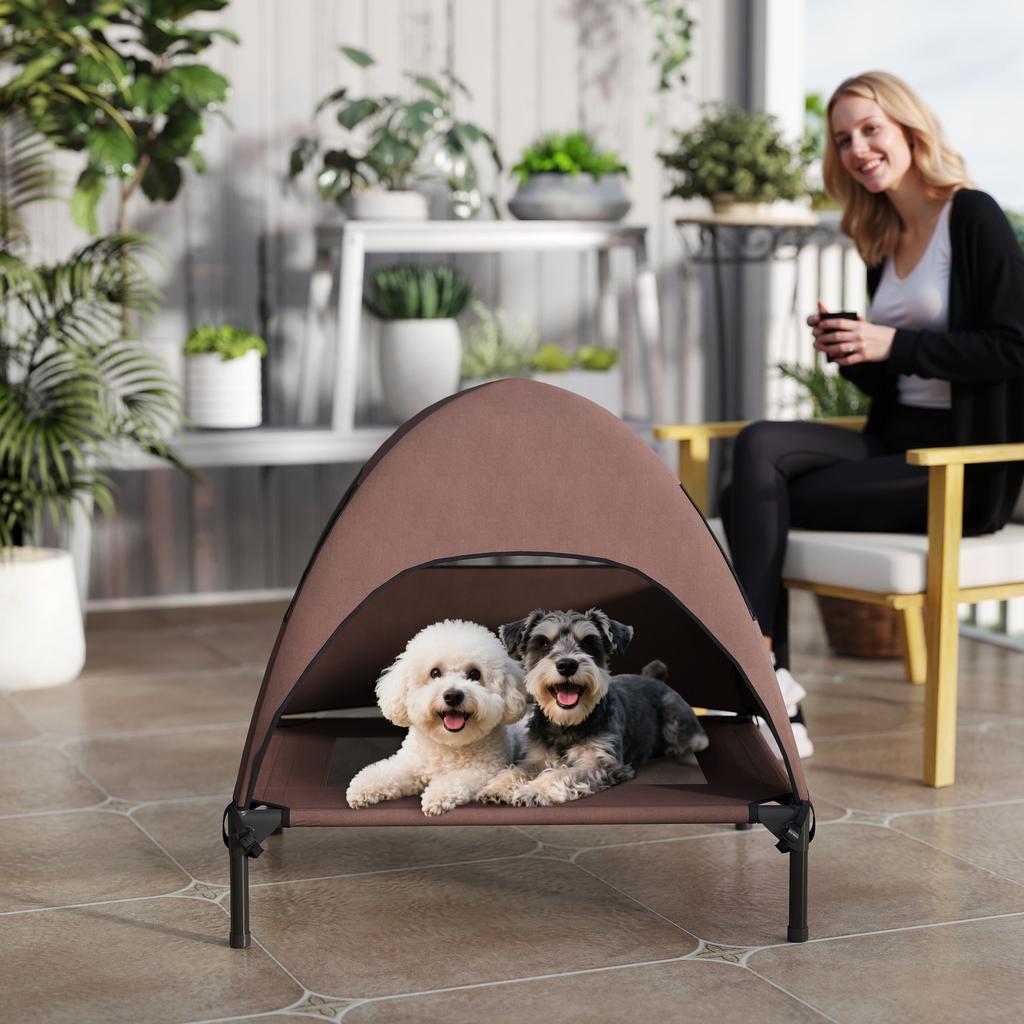 Outdoor Dog Bed with Roof, Elevated Dog Bed for Medium-Sized Dogs, 76 x 61 x 71cm, Coffee