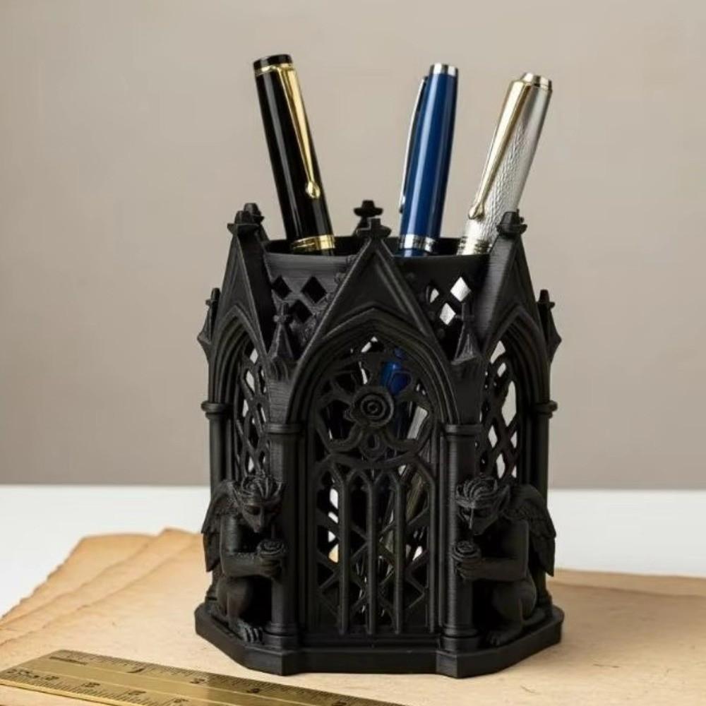 Арт-фигурка Винтажный 3D-печатный подставка для ручек Креативный Уникальный настольный органайзер Полый Готический подставка для ручек Гостиная