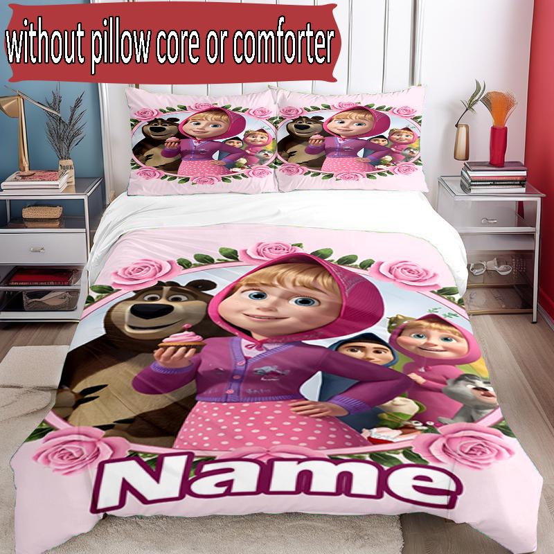 3pcs Duvet Cover Set (1*Duvet Cover + 2*Pillowcase, Without Core), Custom Name Masha and The Bear Pattern Bedding Set, Home Bedroom Decor Gift
