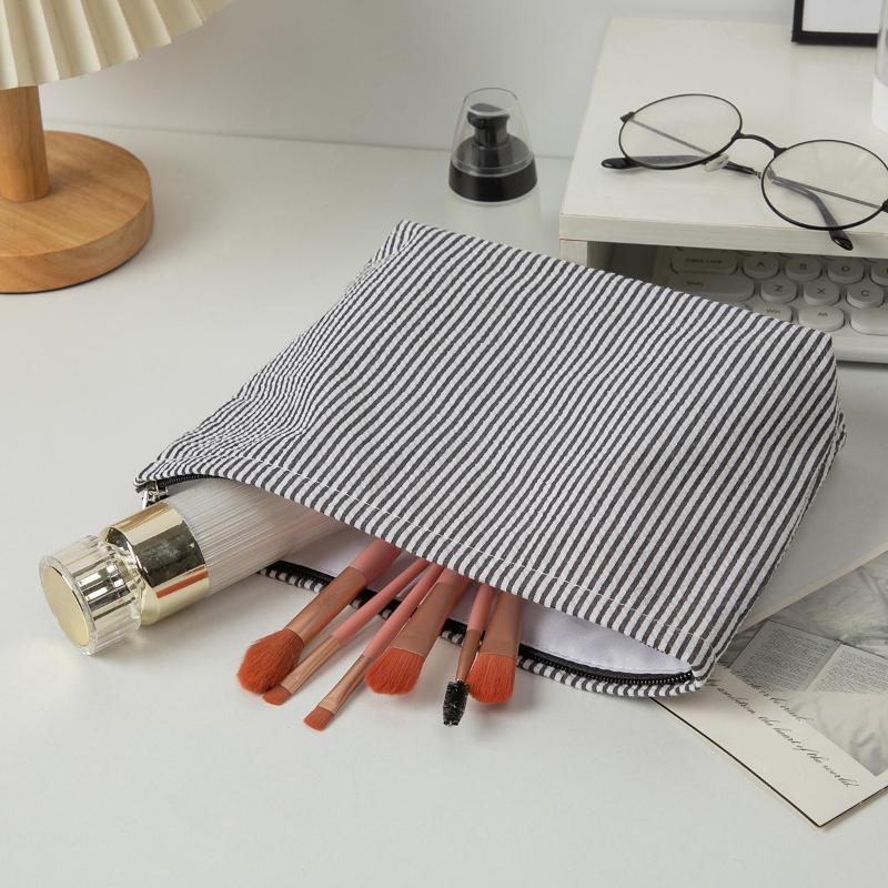 Compact Travel Makeup Bags for Women Vertical Striped Portable Cosmetic Storage