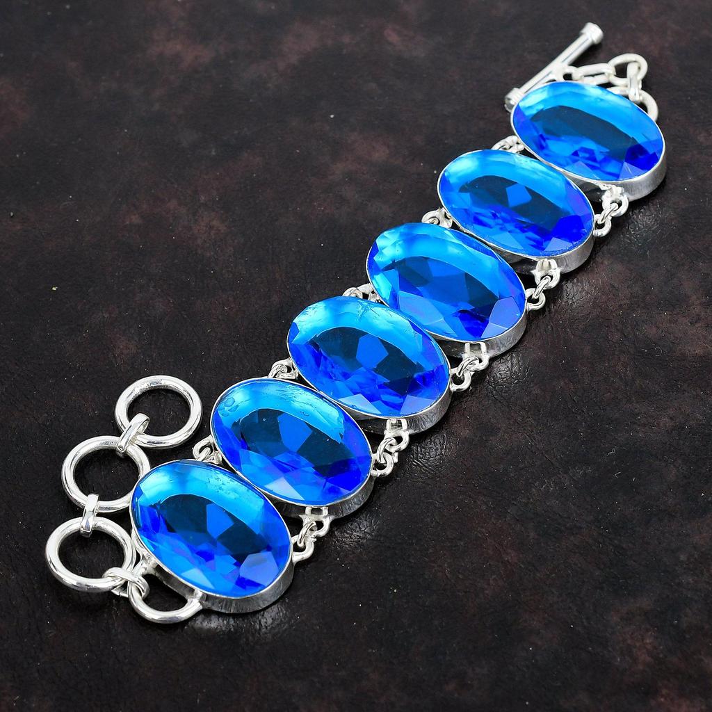 Граненый браслет из лондонского голубого топаза, браслет из драгоценных камней ручной работы, браслет из стерлингового серебра 925 пробы, браслет с регулируемой цепочкой, серебряные украшения для подарка