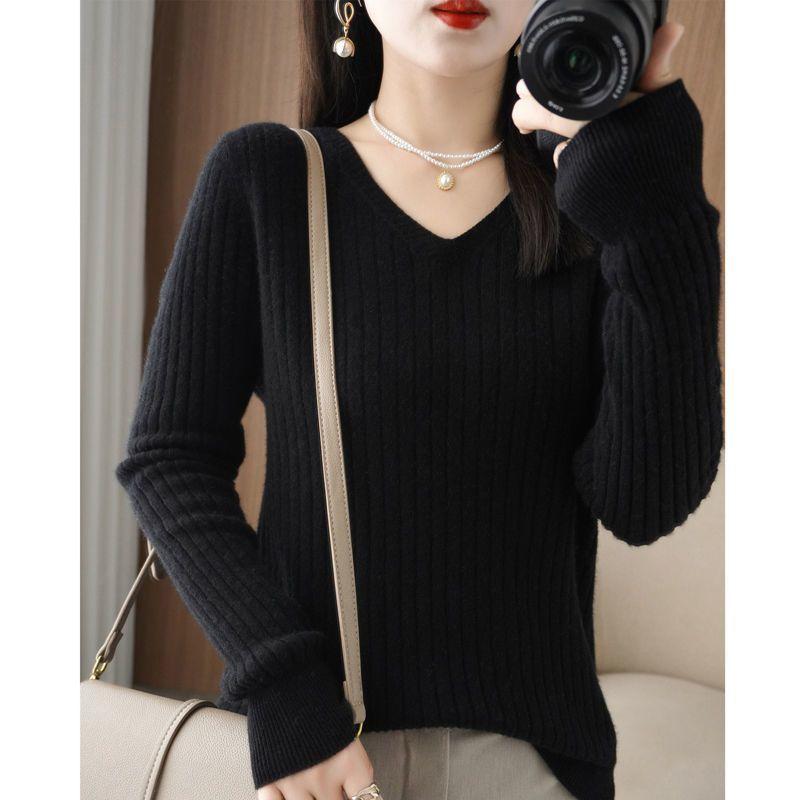 Women Sweater 2023 Autumn Winter Warm Pullover V-neck Stripe Slim Bottoming Shirts Long Sleeve Causal Korean Office Knit Jumper