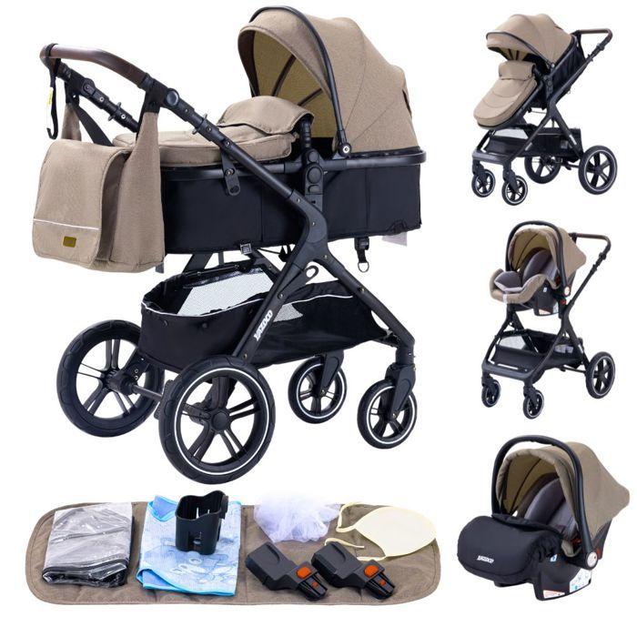 YAZOCO - Poussette 3 en 1 Bébé Combinée Siège-Auto Nacelle Trio Réversible Réglable Haute Qualité Roues increvables Kaki