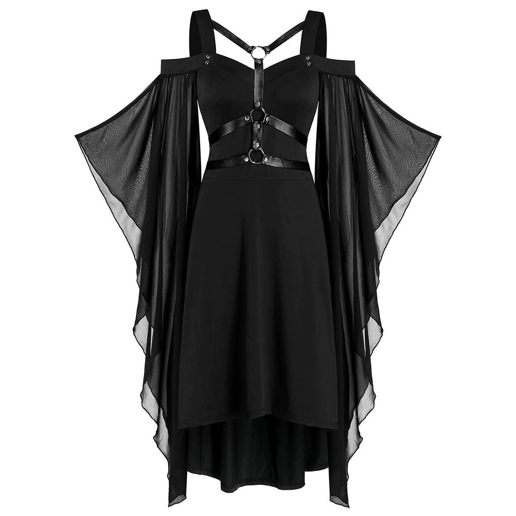 Women Plus Size Cool Solid Gothic Lace Insert Butterfly Sleeve Dress