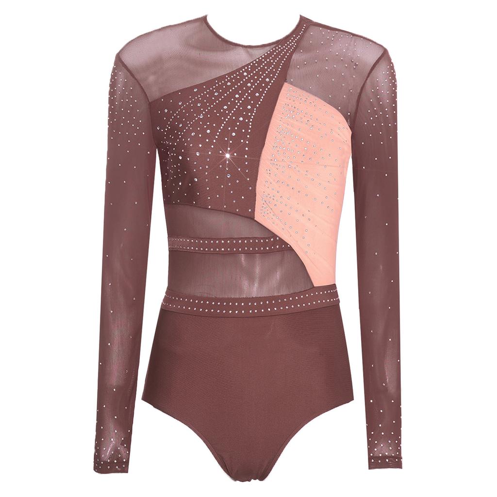 Women Shiny Rhinestones Patchwork Sheer Long Sleeve Color Block Gymnastics Leotard Bodysuit